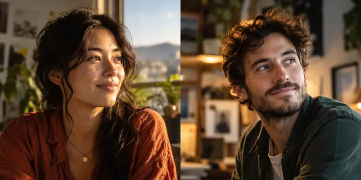 Two distinct cinematic character portraits side by side, softly lit with warm natural color.