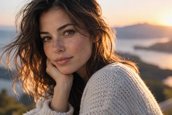 Close-up editorial portrait of a woman in soft light, looking thoughtfully toward the camera.