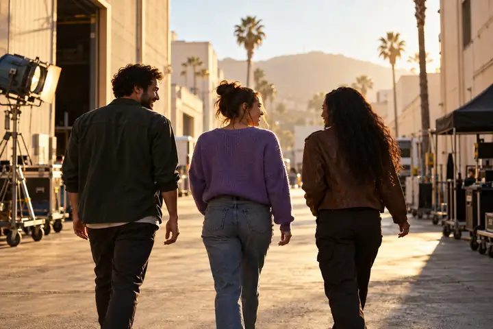 Three performers walking between film studio buildings in warm daylight, framed like a cinematic production still.