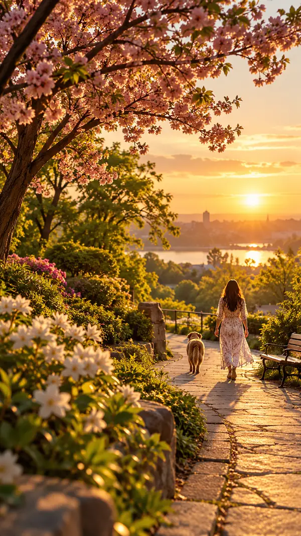 Golden afternoon light over a green park path and flowering trees in a vertical video composition.