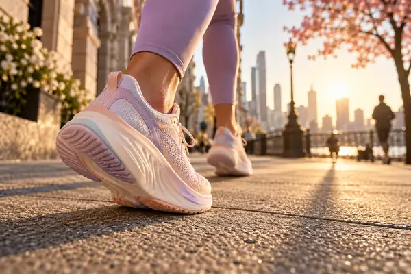 A pastel running shoe in sharp close-up on a sunlit city sidewalk, styled as a fashion campaign.